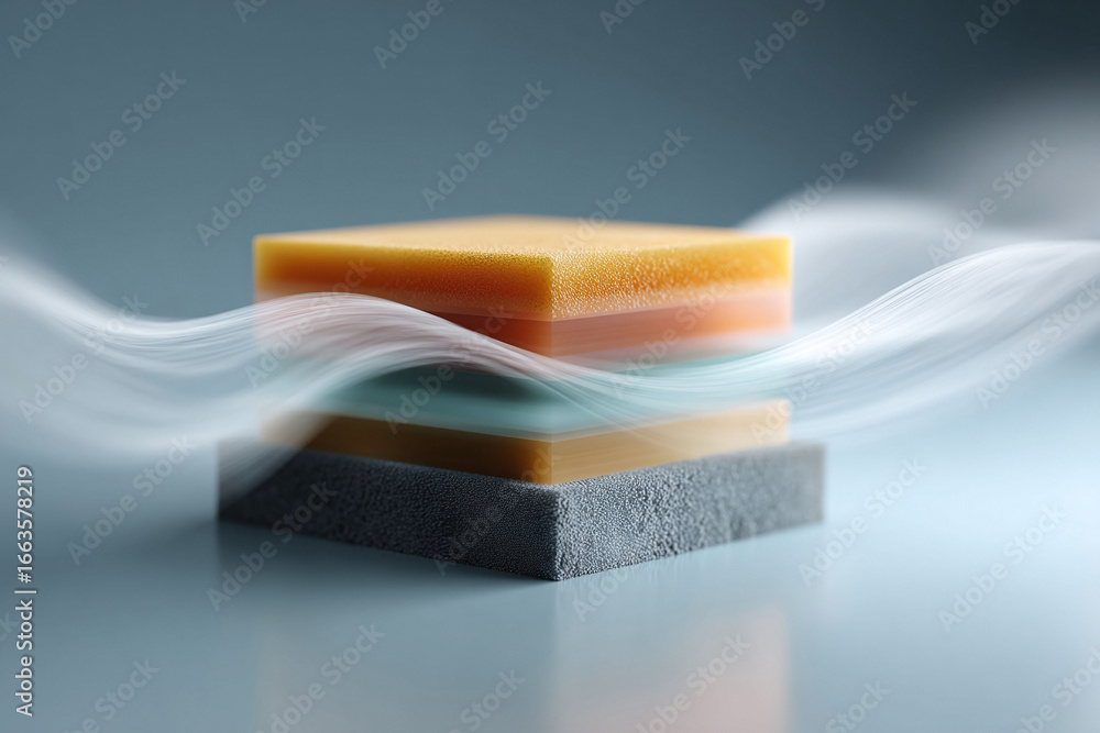 Poster abstract image showcasing layers and textures with soft, blurred light trails. represents innovation