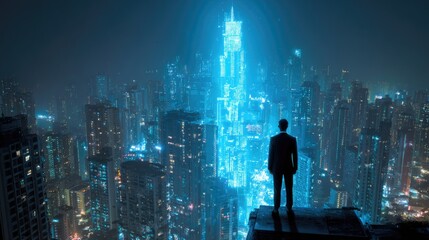 Futuristic cityscape at night with a lone figure.
