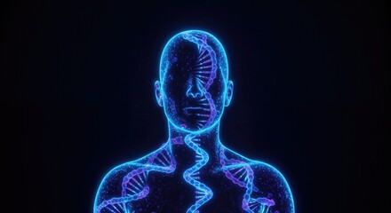 Health Research in Precision Medicine. A glowing figure with DNA strands, representing human biology and genetics.