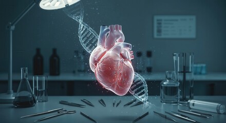 Health Research in Precision Medicine. A heart and DNA strand visualized in a lab setting, combining science and medical themes.