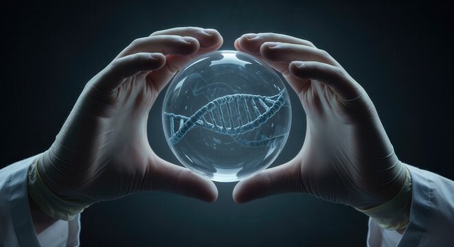 Health Research in Precision Medicine. A scientist holds a glass sphere displaying a DNA strand amidst a dark background.