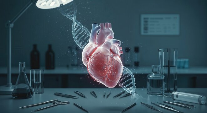 Health Research in Precision Medicine. A heart and DNA strand visualized in a lab setting, combining science and medical themes.