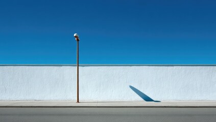 A solitary lamppost casts a shadow on a pale blue wall against a vibrant blue sky