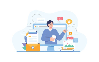 Online Business Presentation Vector Illustration: Digital Marketing, Social Media Strategy, E-commerce, and Virtual Communication for Business Growth and Success