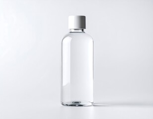 Transparent Plastic Water Bottle Mockup Against White Background.