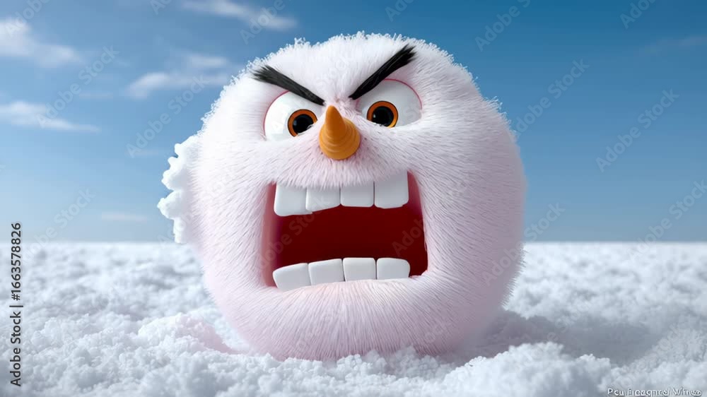 Poster animated fluffy snow character with an angry expression, showcasing a dynamic transformation as snow