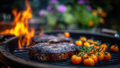 Grilled steaks and cherry tomatoes on a barbecue, flames in background