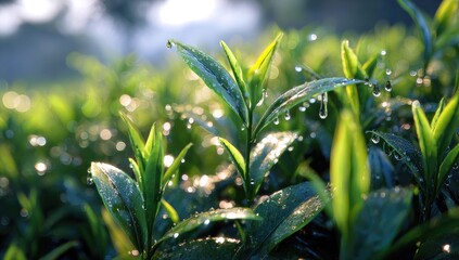 Dew-kissed tea leaves in a vibrant plantation