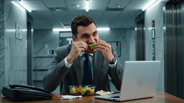 Businessman eating salad at desk in office hallway