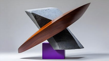Abstract wooden and stone sculpture on purple cube