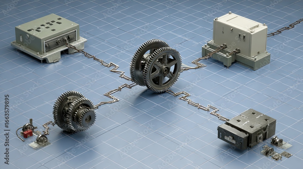 Poster interconnected mechanical system with gears and chains.