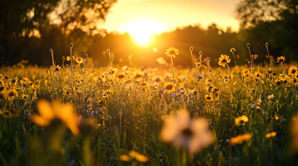 Naklejka premium A sun-drenched flower field with vivid blossoms swaying gently in the breeze.