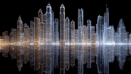 Digital cityscape, outlined in glowing lines, reflected in water