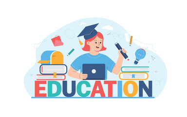Young Woman with Graduation Cap Embracing Education with Books, Laptop, and Ideas, Showcasing Learning and Future Prospects on a Light Blue Background
