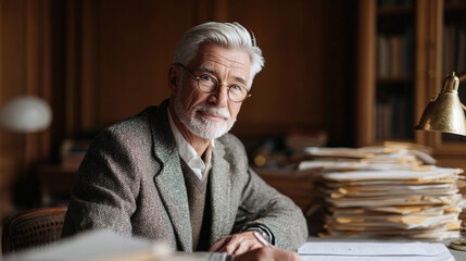 Intelligent older man in tweed jacket and glasses, sitting at a desk piled high with papers, knowledge and experience. Could be used to represent authority, wisdom, or expertise.