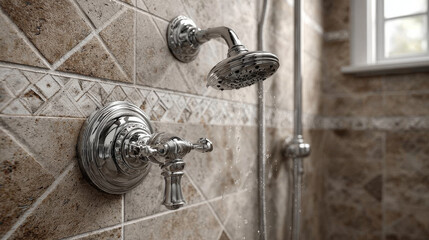 detail of a corner shower cabin with wall mount shower attachment