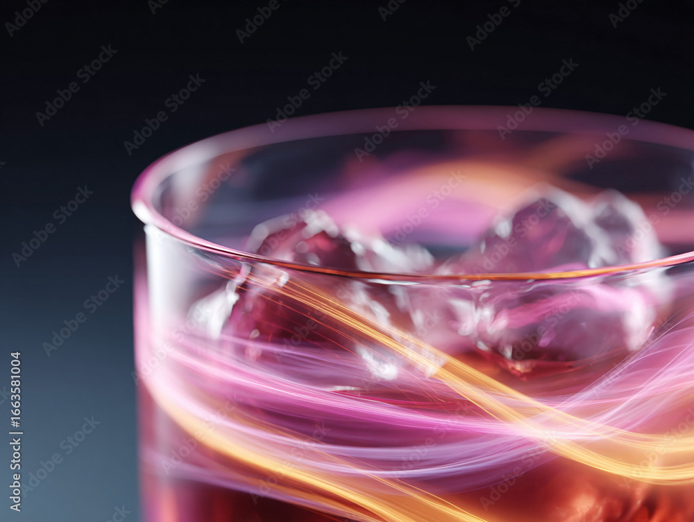 Poster closeup of a drink with ice and abstract light trails, creating a vibrant and dynamic visual. perfec