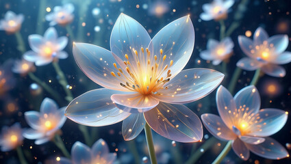 Enchanting translucent blossoms shimmer with ethereal light in a mystical garden, creating a dreamlike and serene fantasy scene with sparkling luminous petals