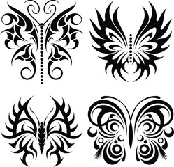 Tribal Butterfly Tattoo design Set, silhouette Symmetrical Wings, vector illustration