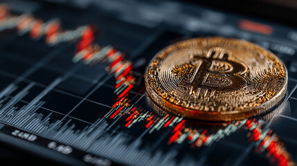 Fototapeta premium Depreciation of virtual money bitcoin. Red arrow and golden Bitcoin on paper forex chart index rating go down on exchange market background. Concept of depreciation of cryptocurrency.