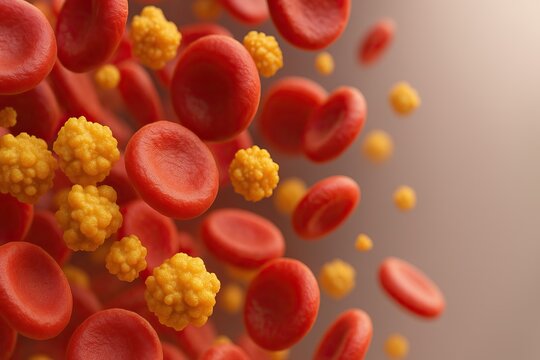 healthy high blood pressure tips. a microscopic view of red blood cells and cholesterol deposits, symbolic of hypertension and heart disease risk