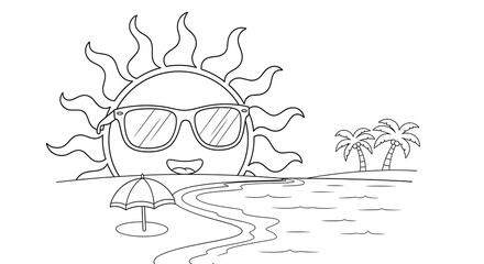 Line art illustration of a smiling cartoon sun with sunglasses on a tropical beach scene.