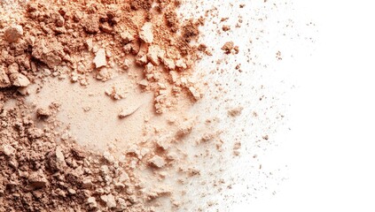 Crushed powder makeup, light and dark shades, scattered on white background