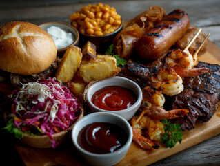 summer barbecue platter with sausage, burger, prawn skewers, potato wedges, barbecue beans, and slaw