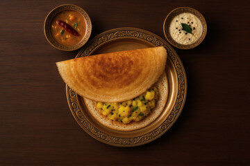 Masala Dosa served with chutney and sambar | South indian crispy masala dosai on plate with accompaniments on white plate