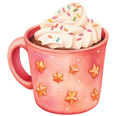 A red mug filled with hot chocolate topped with whipped cream and colorful sprinkles watercolor clipart