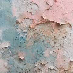 Obraz premium Faded, peeling paint on a weathered wall. Pale pinks, creams, and blues blend in a textured surface. Cracked and chipped layers reveal the underlying material