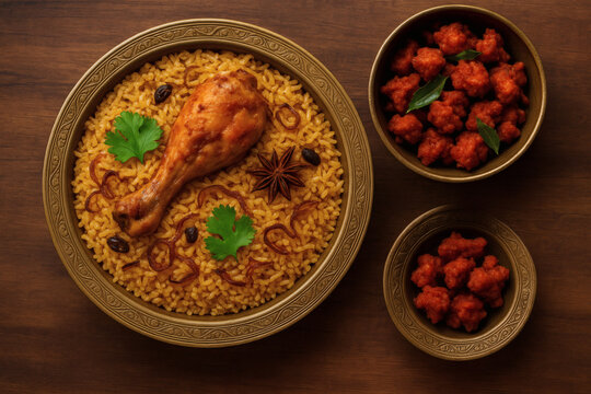 Biryani served in traditional bronze bowl with chicken 65 | Indian chicken biryani with chicken and raitha | Hot and spicy chicken biryani and fried chicken