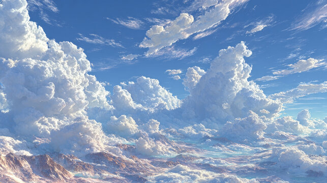 Seamless hdri panorama 360 degrees angle view blue sky with beautiful cumulus clouds with zenith for use in 3d graphics or game development as sky dome or edit drone shot