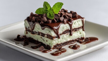Mint chocolate dessert layered on a white plate.  A square slice of a mint chocolate dessert with chocolate chips and fresh mint.  Drizzled with melted chocolate