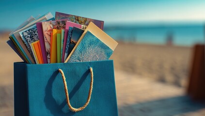 A vibrant blue paper shopping bag, filled with colorful cards and photos, sits on a beach