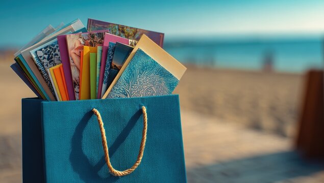A vibrant blue paper shopping bag, filled with colorful cards and photos, sits on a beach