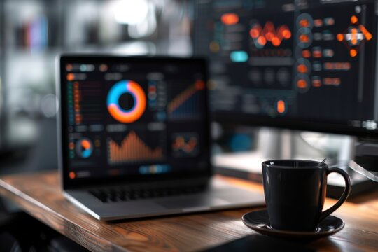 Modern analytics dashboard on a laptop with coffee representing data driven decision making in real time
