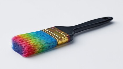 Fototapeta premium Colorful paintbrush angled on white background. Black handle, rainbow bristles