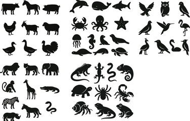 Naklejka premium Silhouette Animal Icons Set - Farm, Wild, Sea, Birds, Reptiles, Insects Collection