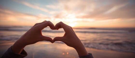 The hands forming a heart shape against a beautiful sunset at the beach.