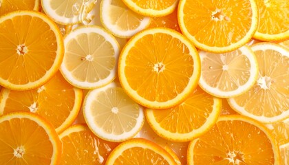 A vibrant arrangement of sliced oranges and lemons, showcasing a bright, citrusy pattern.