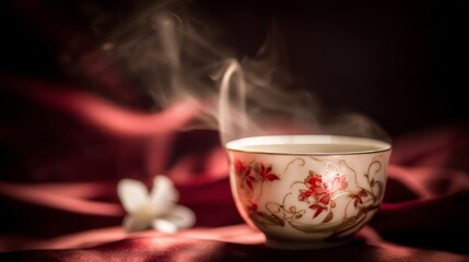 Fototapeta premium An elegant tea cup with red floral patterns emits steam against a dark background,