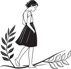 Silhouette of a girl walking barefoot amidst leaves a minimalist illustration
