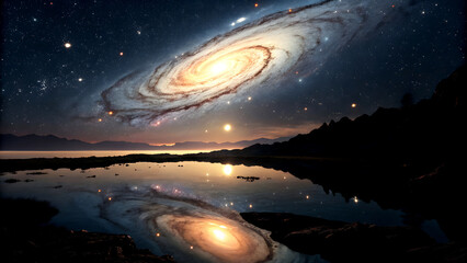 Fototapeta premium Galaxy Reflected in Ocean at Twilight by Forest Shore