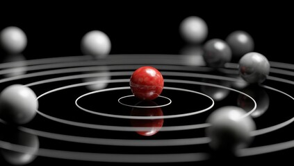 A central red sphere surrounded by orbiting spheres, with concentric circles on a dark background