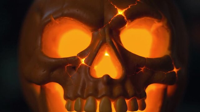 Close-up of a carved pumpkin with a skull design glowing brightly in the dark.