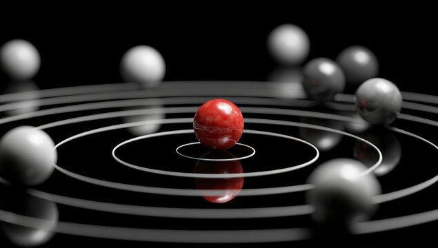A central red sphere surrounded by orbiting spheres, with concentric circles on a dark background - Powered by Adobe