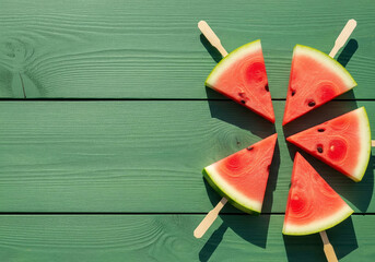 Watermelon slices on sticks arranged like popsicles over green background