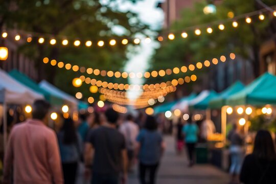 Blurred view of a vibrant night market scene with people strolling amidst twinkling string lights and colorful booths, creating a festive and lively atmosphere in the city street - Powered by Adobe