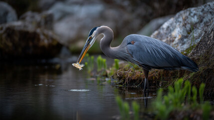Fototapeta premium A great blue heron with a fish in its beak standing near water with rocks and green vegetation